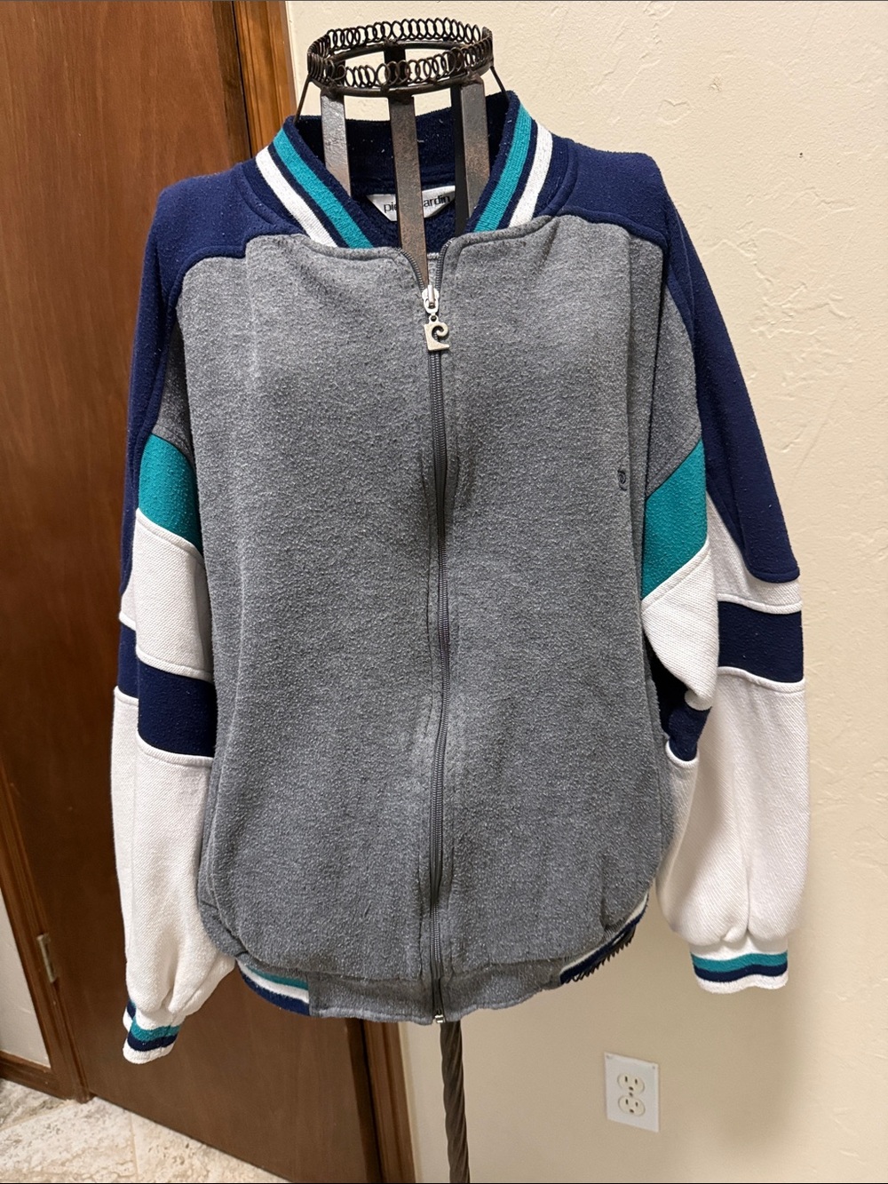 Vintage Pierre Cardin Gray, Navy & Teal Zip-Up Sweater Jacket